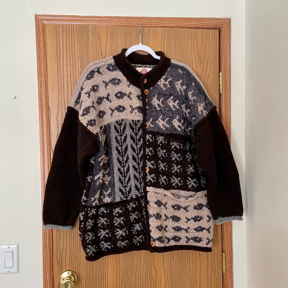 Vintage Amano 100% Wool Chunky Fish Graphic Oversized Cardigan Sweater